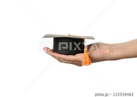 PNG, graduation cap in hands, isolated on white background. 113358462