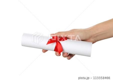 PNG, graduate diploma in hand, isolated on white background. 113358466
