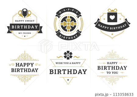 Happy birthday black golden fashion vintage label and badge set for greeting card design vector flat Happy birthday black golden fashion vintage label and badge set for greeting card design vector flat 113358633