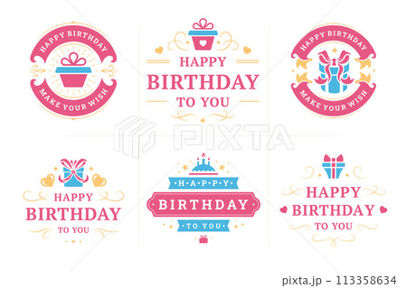 Happy birthday holiday pink vintage emblem and badge set for greeting card design vector flat Happy birthday holiday pink vintage emblem and badge set for greeting card design vector flat 113358634