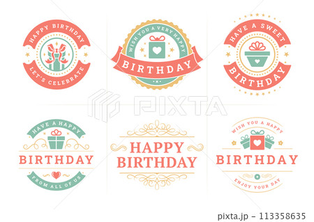 Happy birthday holiday congratulations vintage emblem badge set for greeting card design vector flat Happy birthday holiday congratulations vintage emblem badge set for greeting card design vector flat 113358635