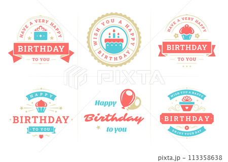 Happy birthday festive congratulations vintage emblem badge set for greeting card design vector flat 113358638