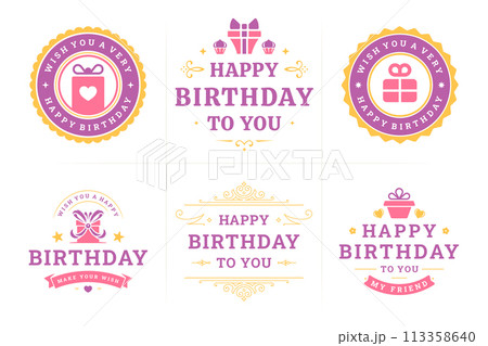 Happy birthday gift box purple vintage emblem and badge set for greeting card design vector flat 113358640