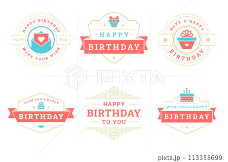 Happy birthday vintage ornate emblem and badge set for greeting card design vector flat 113358699