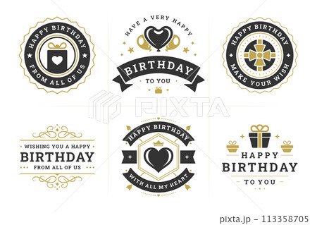 Happy birthday black luxury ornate vintage label and badge set for greeting card design vector flat Happy birthday black luxury ornate vintage label and badge set for greeting card design vector flat 113358705