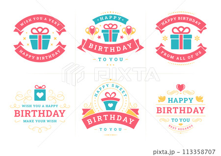 Happy birthday vintage label and badge set for greeting card emblem design vector flat 113358707