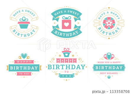 Happy birthday vintage festive label and badge set greeting card holiday design vector flat Happy birthday vintage festive label and badge set greeting card holiday design vector flat 113358708