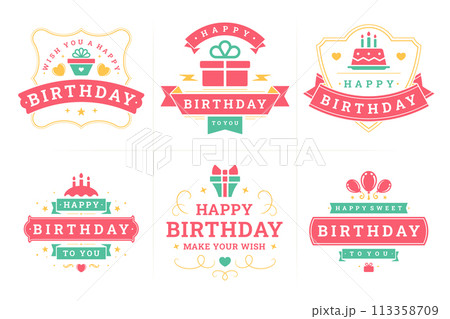 Happy birthday old fashioned label and badge set greeting card congratulations design vector flat Happy birthday old fashioned label and badge set greeting card congratulations design vector flat 113358709