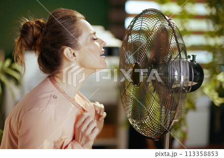 happy modern female employee at work with electric fan 113358853