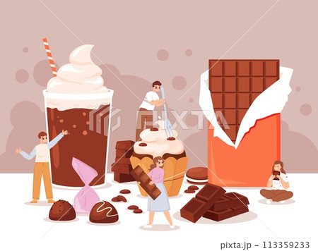 People and chocolate concept. Sweet desserts, cupcake with creamy cup, milk cocktail and choco bar. Youngs eat sweets, snugly vector scene People and chocolate concept. Sweet desserts, cupcake with creamy cup, milk cocktail and choco bar. Youngs eat sweets, snugly vector scene 113359233