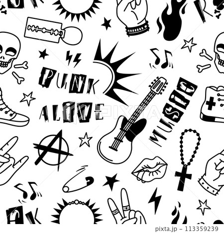 Punk rock seamless pattern. Metal music style symbols, grunge elements and phrases. Isolated black abstract print, neoteric vector background 113359239