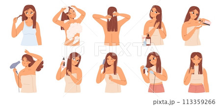 Female hair care. Young woman washing head, using cosmetics and tools. Daily beauty routine. Cartoon girl doing hairstyle, snugly vector concept Female hair care. Young woman washing head, using cosmetics and tools. Daily beauty routine. Cartoon girl doing hairstyle, snugly vector concept 113359266