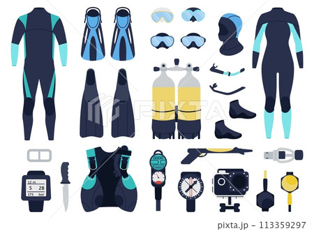 Scuba diving equipment. Divers suits, underwater shoes and masks. Snorkeling elements and tools. Swimming activity accessories, decent vector set Scuba diving equipment. Divers suits, underwater shoes and masks. Snorkeling elements and tools. Swimming activity accessories, decent vector set 113359297