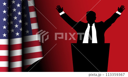 The silhouette of an American Republican politician speaks to his constituents, with the country's flag on the left 113359367