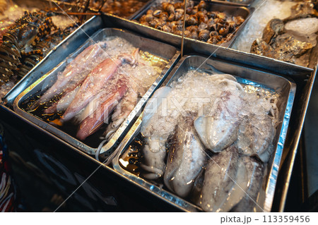 Fresh squid on a tray at a seafood restaurant 113359456