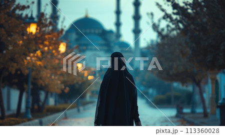 Silhouette of Woman in Niqab at Dusk 113360028