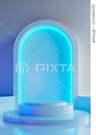 A white pedestal with a blue light shining on it 113360270