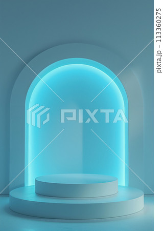 A blue archway with a white pedestal in the middle 113360275
