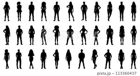 Teenagers black stencils. People silhouettes, male and female outline shadows, person models shadows, personalized drawings isolated on white Teenagers black stencils. People silhouettes, male and female outline shadows, person models shadows, personalized drawings isolated on white 113360437
