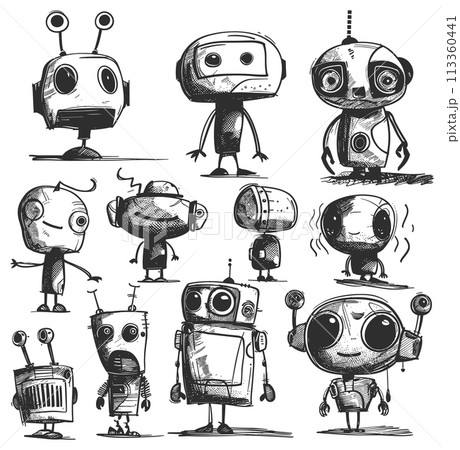 Scribble robots. Robotic monsters black doodles, cyborg kids sketch, metal aliens drawings on white 113360441