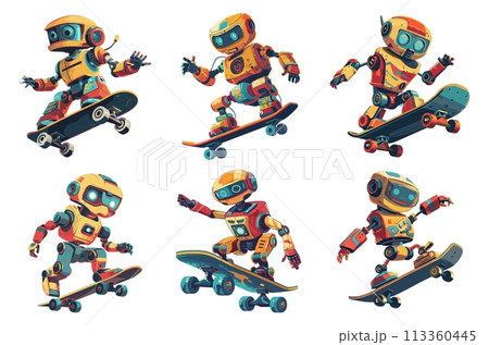 Robot rides skateboard cartoon style illustration. Robotics skateboarding characters isolated on white, crazy android on skate 113360445
