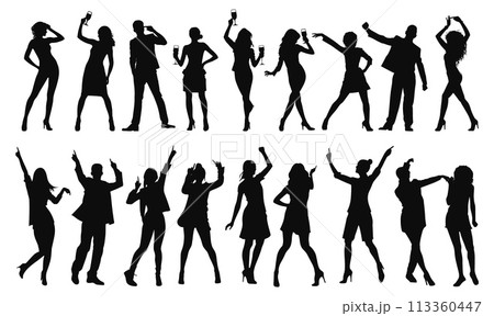 Party people silhouettes. Drinking and dancing men and women characters, funky adult and teenagers dancers friends poses Party people silhouettes. Drinking and dancing men and women characters, funky adult and teenagers dancers friends poses 113360447