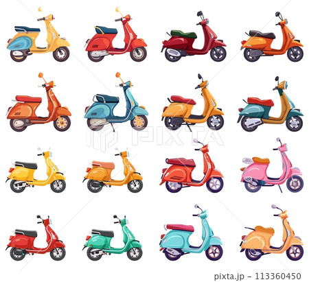 Motor scooters side view set in cartoon style. Retro scooter objects, vintage italian city delivery motors bikes objects isolated on white 113360450
