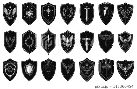 Knights shields with coats of arms black on white. Flat monochrome shield set eagle angel sword crown wings sun symbols isolated Knights shields with coats of arms black on white. Flat monochrome shield set eagle angel sword crown wings sun symbols isolated 113360454
