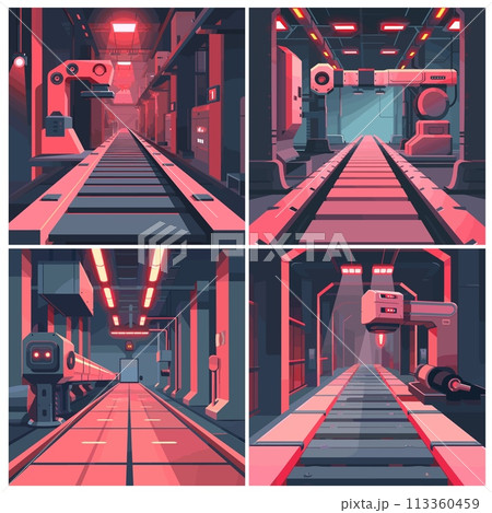 Industrial conveyor backgrounds. Factory production line with manipulators backdrops, automated moving belt technology illustrations 113360459