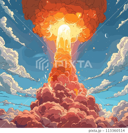Big blast in cartoon style, fire explosion on blue cloudy sky background 113360514