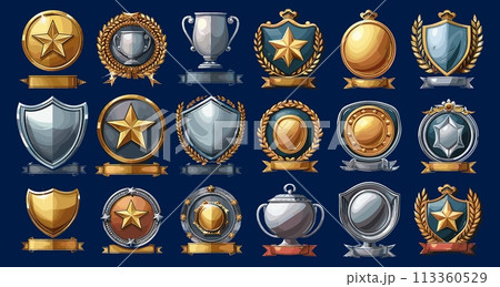 Achievement badges. Winning icons, champ icons, recognition awards, win cups, award best achievable shields symbols 113360529
