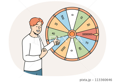 Excited man win money in fortune wheel 113360646