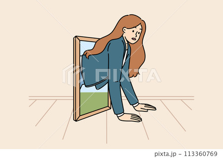 Business woman climbs out of portal for teleportation, moving in space thanks to fabulous technology 113360769