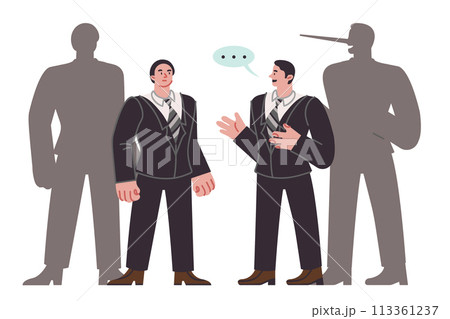 Deception in business negotiations between man and swindler, standing near shadow with long nose Deception in business negotiations between man and swindler, standing near shadow with long nose 113361237