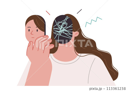 Woman with psychological disorder that causes chaos in head needs medication to concentration Woman with psychological disorder that causes chaos in head needs medication to concentration 113361238