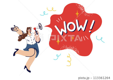 Woman promoter makes amazing offer by shouting into gramophone near speech cloud with word WOW 113361264