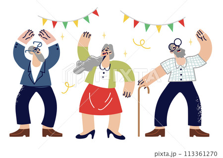Party of elderly people celebrating friend anniversary, for concept of happiness from retirement Party of elderly people celebrating friend anniversary, for concept of happiness from retirement 113361270