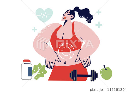 Metabolism process in body of woman doing fitness and eating fruits and vitamins for weight loss Metabolism process in body of woman doing fitness and eating fruits and vitamins for weight loss 113361294