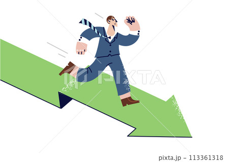 Purposeful man runs forward along arrow path, trying to achieve goals and advance career ladder Purposeful man runs forward along arrow path, trying to achieve goals and advance career ladder 113361318