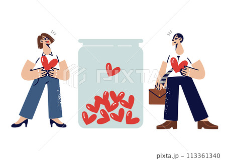 Man and woman act as donors collecting blood for people in need, standing near jar with hearts Man and woman act as donors collecting blood for people in need, standing near jar with hearts 113361340