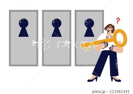 Woman makes choice, making difficult decision on path to success, stands with key near three doors Woman makes choice, making difficult decision on path to success, stands with key near three doors 113361341