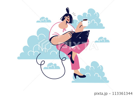 Woman freelancer uses cloud technologies to work remotely via internet, sitting on sky with laptop Woman freelancer uses cloud technologies to work remotely via internet, sitting on sky with laptop 113361344