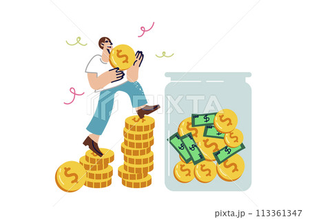 Rich man saves money by putting coins in transparent jar to accumulate reserve capital Rich man saves money by putting coins in transparent jar to accumulate reserve capital 113361347