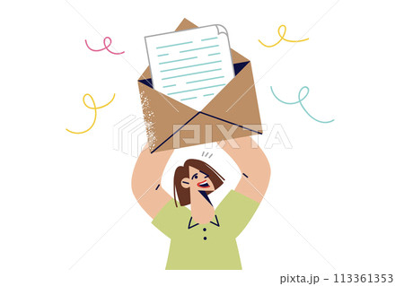 Woman rejoices after receiving letter with good news, raising large envelope with message above head 113361353