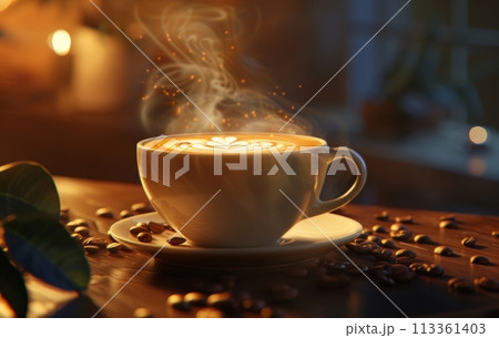 A steaming cup of coffee with latte art on a saucer decorated with coffee beans, on a rustic wooden table in a cozy kitchen setting 113361403