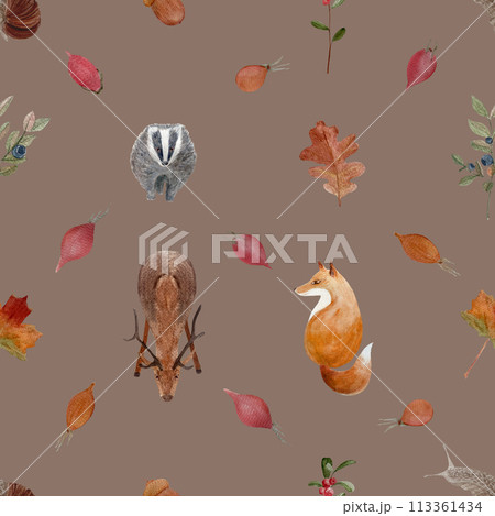 Autumn forest wild plants and animals watercolor seamless pattern on muted brown 113361434