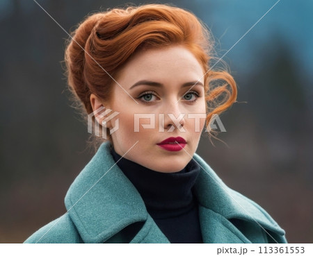 Red-haired girl in nature. 113361553