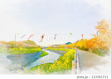 [愛知県]田原市の免々田川の水彩画 113361711