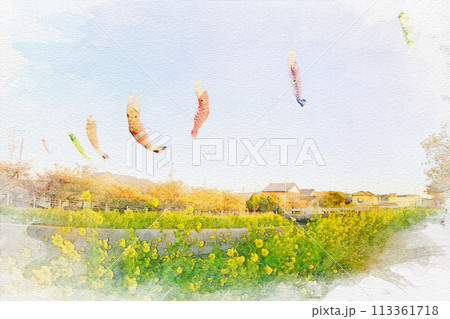 [愛知県]田原市の免々田川の水彩画 113361718