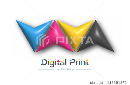 Abstract 3d digital or photo printing logo. Vector template of a brand, logo, sticker or sticker. The idea of creative design and thematic design Abstract 3d digital or photo printing logo. Vector template of a brand, logo, sticker or sticker. The idea of creative design and thematic design 113361873